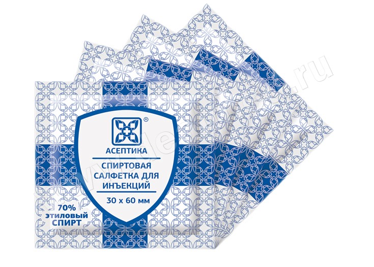 Салфетки спиртовые для инъекций 30х60 мм, Россия