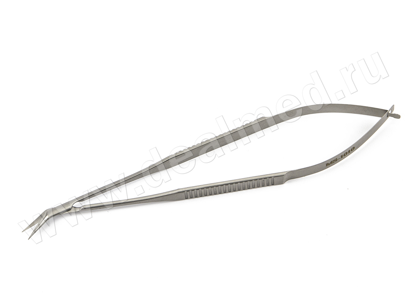 Ножницы микрохирургические, 160 мм, плоская ручка, остроконечные, лезвия длиной 12 мм, изогнутые по ребру MS-1010 ПТО Медтехника, Россия